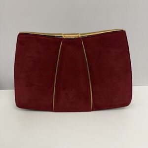 Vintage Barbara Bolan Suede & Leather Clutch Bag Purse Brick Red & Bronze